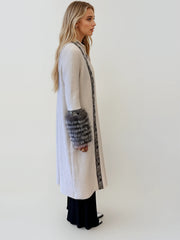 Luxe Beaded Maxi Cardigan – Silver & Black Embellished with Vintage Raccoon