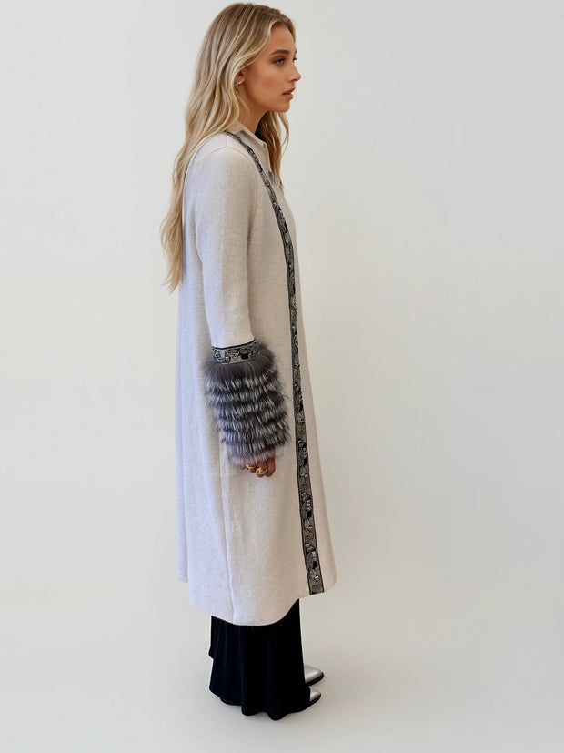 Luxe Beaded Maxi Cardigan – Silver & Black Embellished with Vintage Raccoon