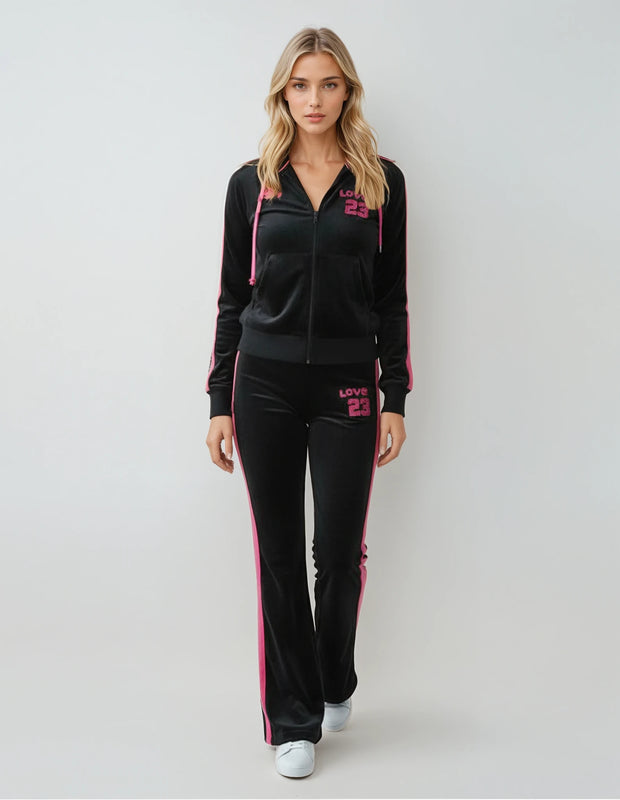 Love 23 Women’s Velour Tracksuit Set – Black & Red