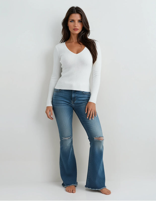 Essential Ribbed V-Neck Top – White