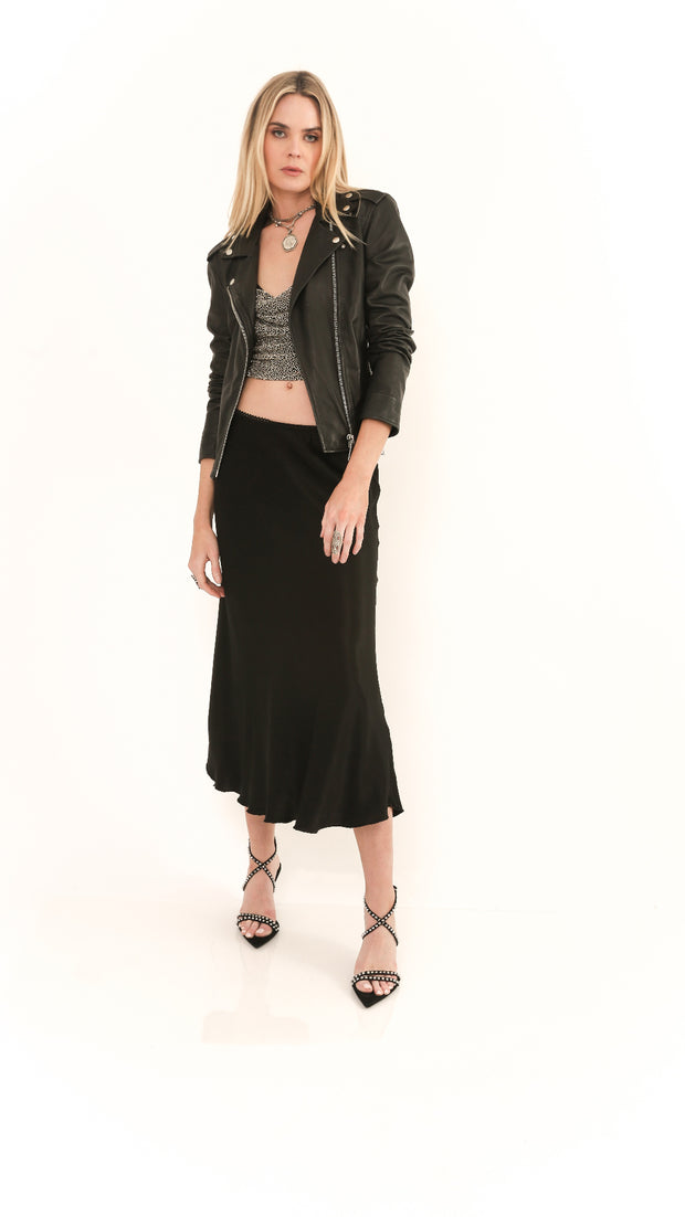 Luca Black Satin Midi Skirt