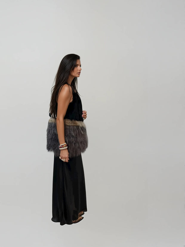 Malibu Road Mongolian Lamb, Fox &amp; Rabbit Fur Vest – Black, Grey &amp; Beige