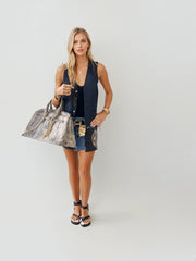 Silver Taupe Cowhide Oversized Hand Bag  – Luxe Statement Bag with Gold or Silver Chain Detail