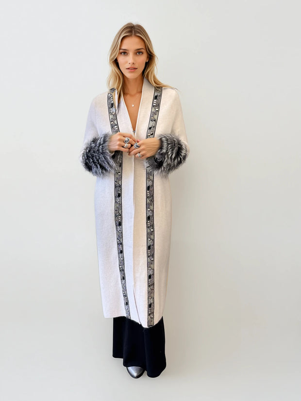 Luxe Beaded Maxi Cardigan – Silver & Black Embellished with Vintage Raccoon